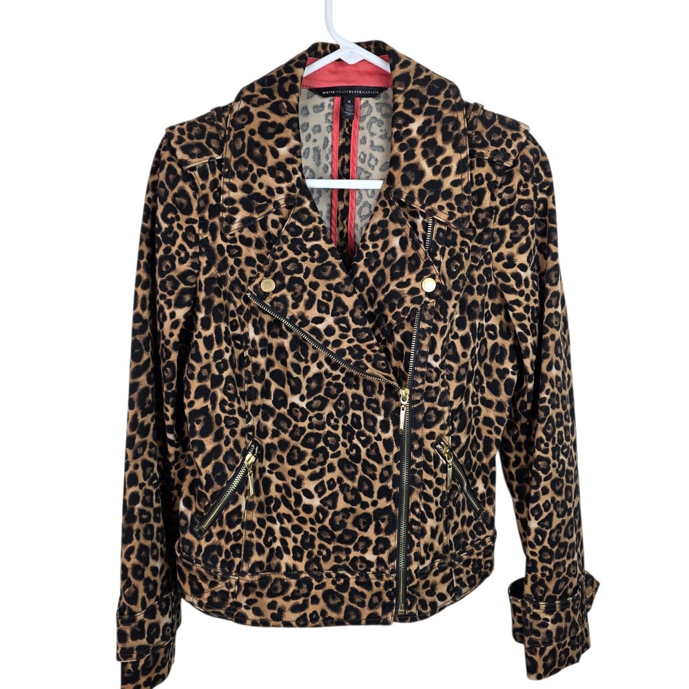 White House Black Market Moto Jacket Women 8 Leopard Print Zip Gold Trim